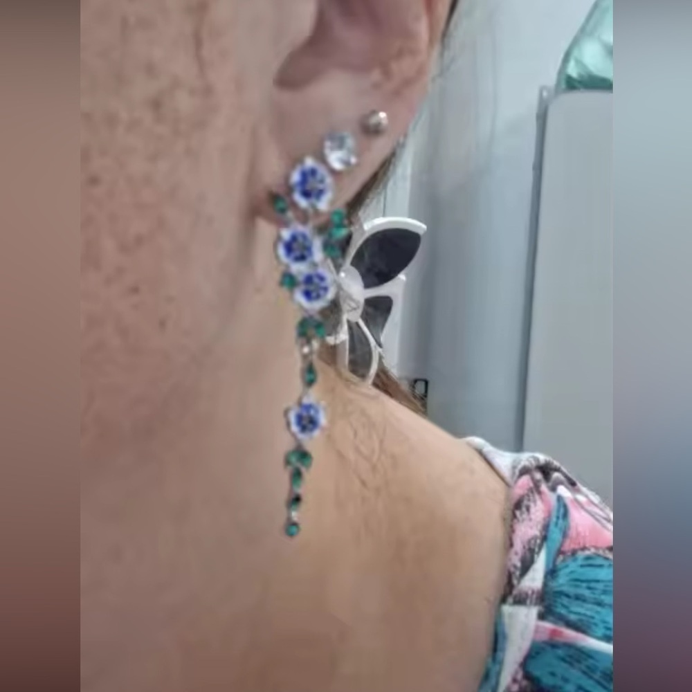 Blue Floral Dangle Earrings - Picture 6 of 9